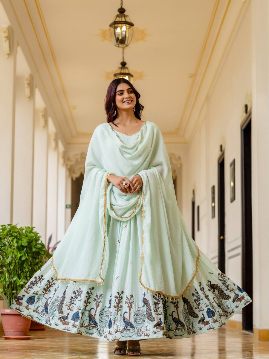 Light Green Chinon Embroidery Wedding Party Festival Casual Ready Anarkali Salwar Kameez