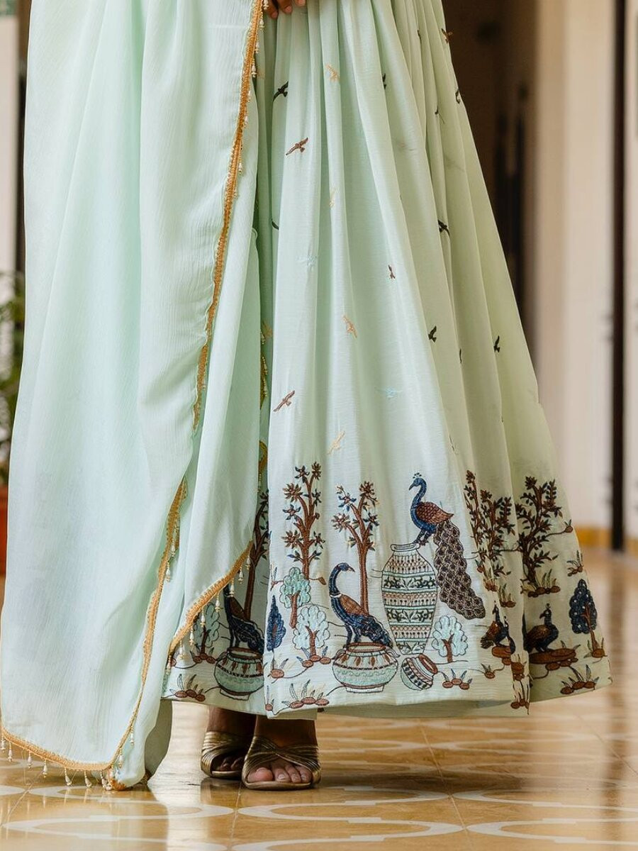 Light Green Chinon Embroidery Wedding Party Festival Casual Ready Anarkali Salwar Kameez