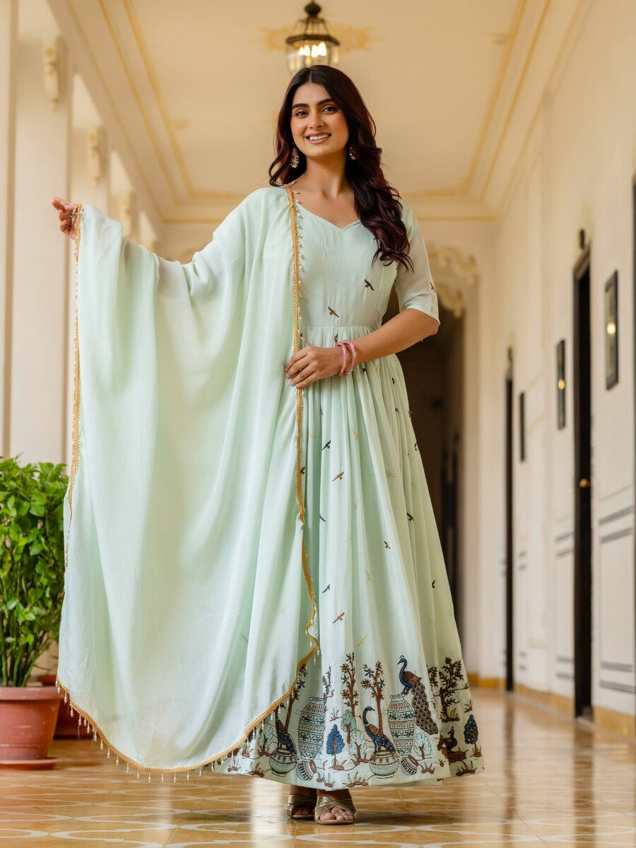 Light Green Chinon Embroidery Wedding Party Festival Casual Ready Anarkali Salwar Kameez