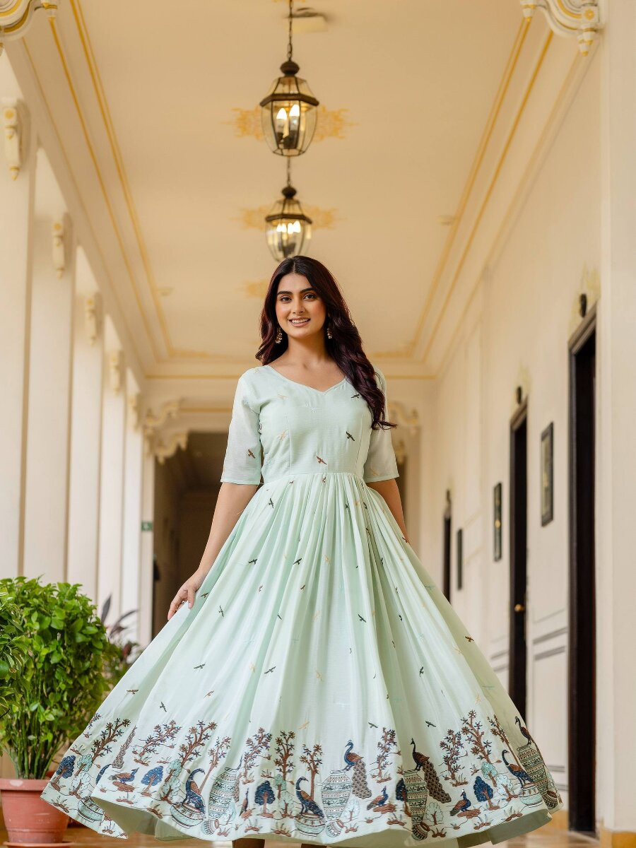 Light Green Chinon Embroidery Wedding Party Festival Casual Ready Anarkali Salwar Kameez