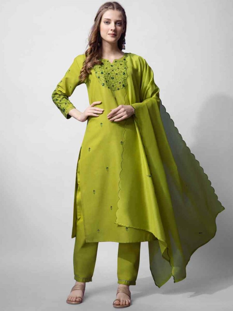 Light Green Cotton Blend Embroidered Festival Casual Ready Pant Salwar Kameez