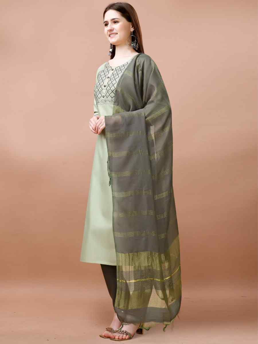 Light Green Cotton Blend Embroidered Festival Casual Ready Pant Salwar Kameez