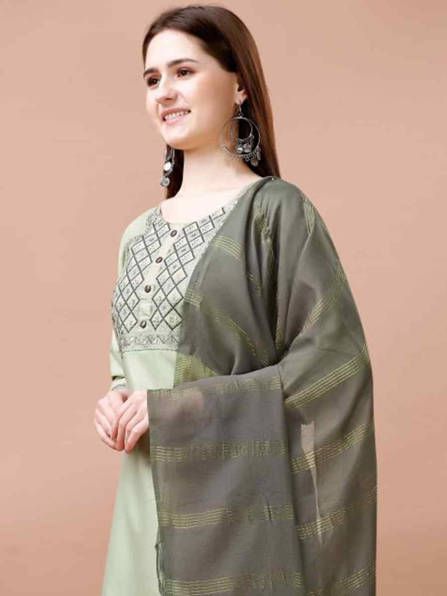 Light Green Cotton Blend Embroidered Festival Casual Ready Pant Salwar Kameez