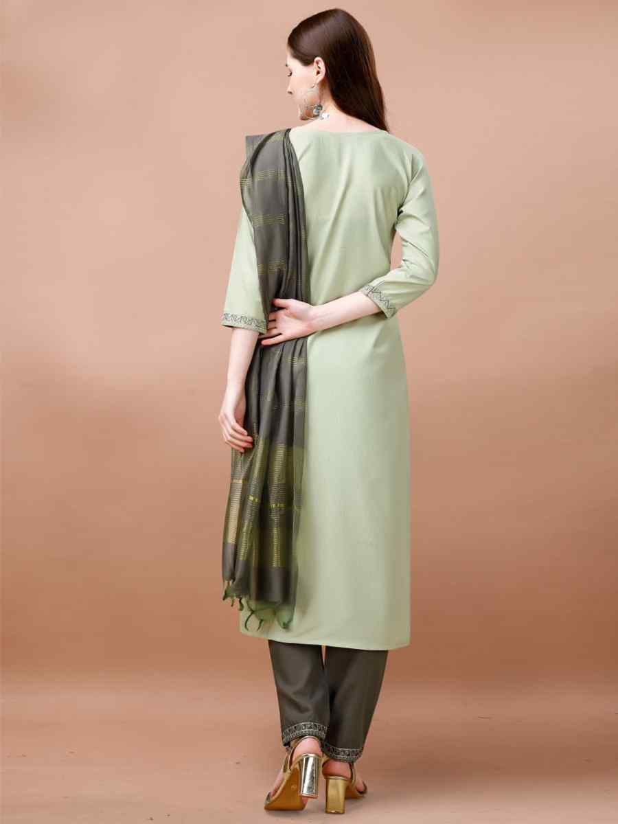 Light Green Cotton Blend Embroidered Festival Casual Ready Pant Salwar Kameez