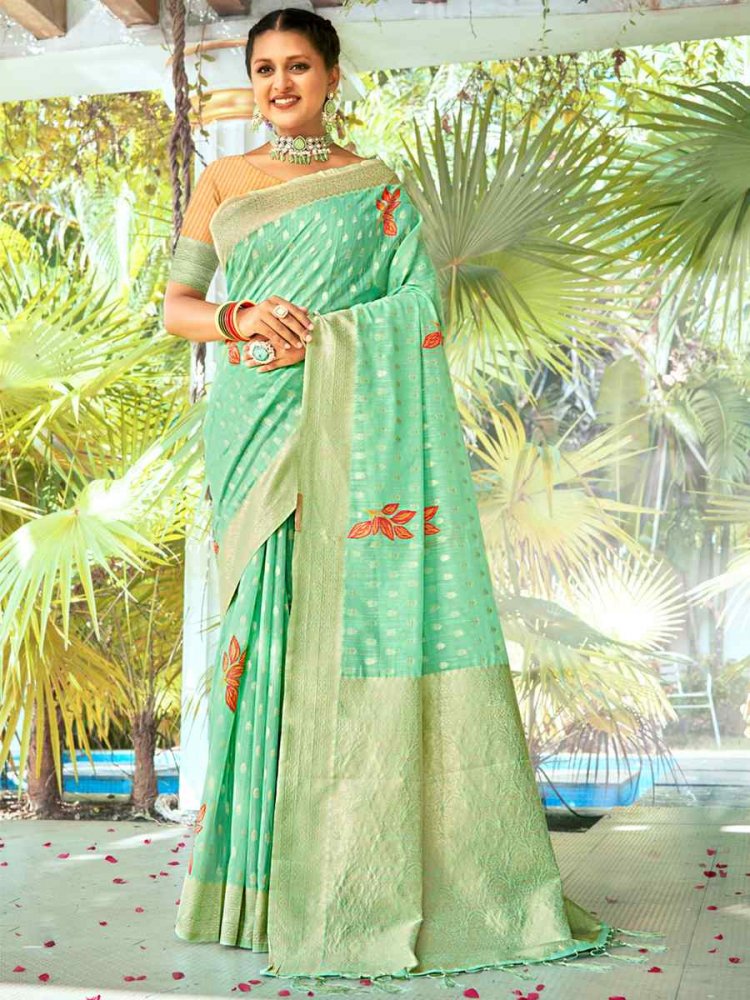 Light Green Cotton Handwoven Wedding Festival Heavy Border Saree