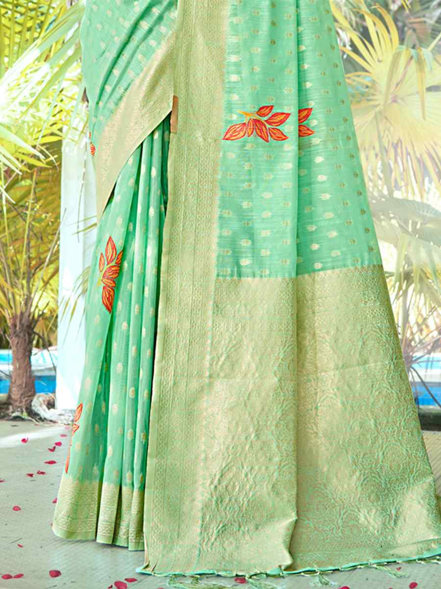 Light Green Cotton Handwoven Wedding Festival Heavy Border Saree