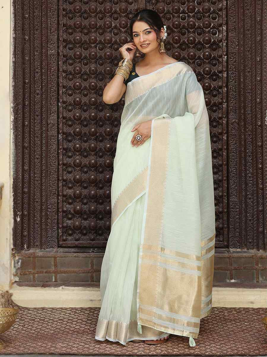 Light Green Cotton Plain Zari Work Casual Reception Festival Wedding Fancy Classic Style Sarees