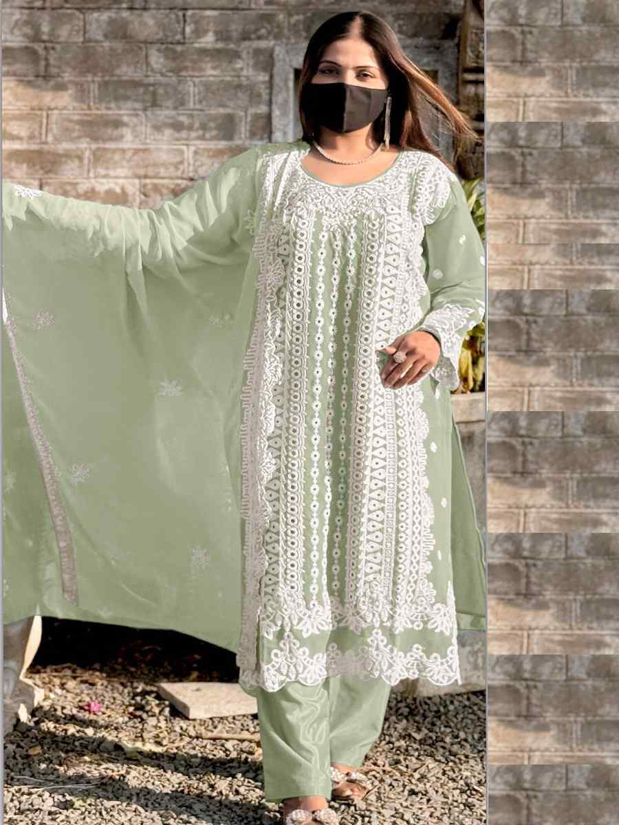 Light Green Faux Georgette Embroidered Festival Wedding Pant Salwar Kameez