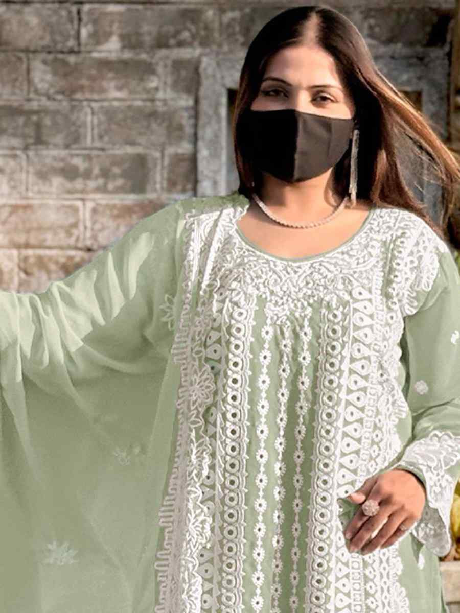 Light Green Faux Georgette Embroidered Festival Wedding Pant Salwar Kameez