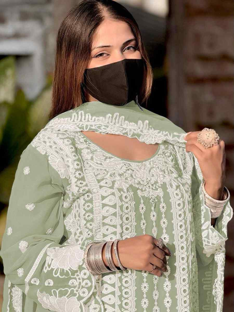 Light Green Faux Georgette Embroidered Festival Wedding Pant Salwar Kameez