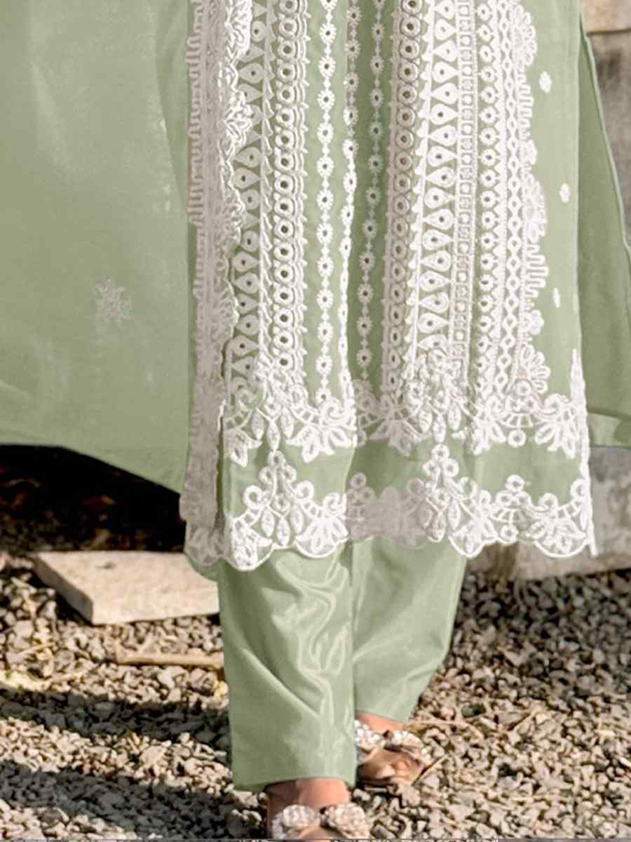 Light Green Faux Georgette Embroidered Festival Wedding Pant Salwar Kameez