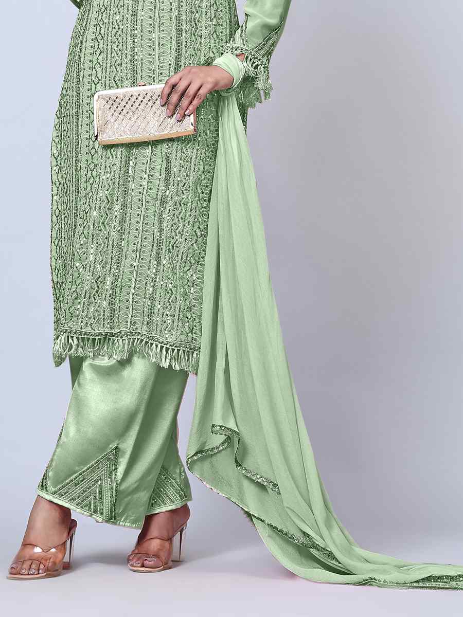 Light Green Faux Georgette Embroidered Festival Wedding Pant Salwar Kameez