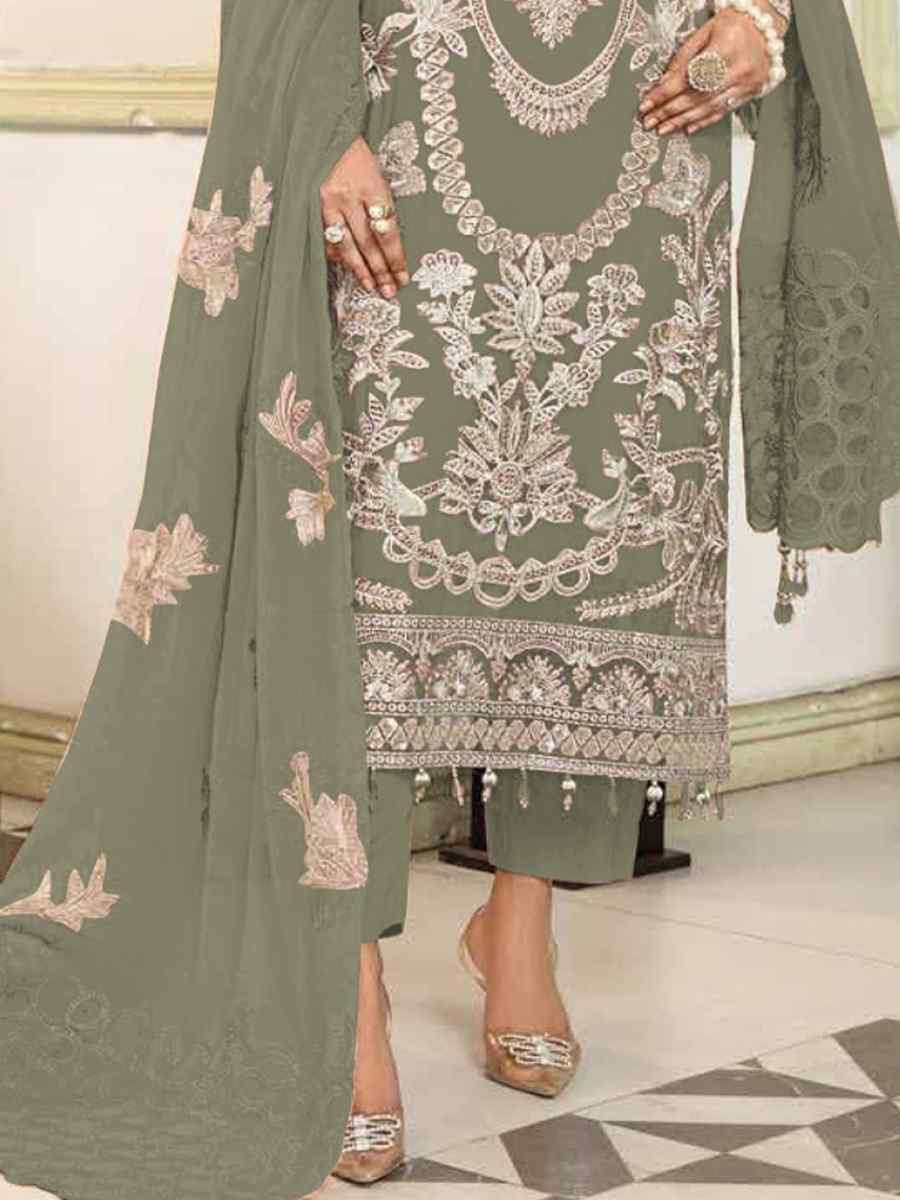 Light Green Faux Georgette Embroidered Festival Wedding Pant Salwar Kameez