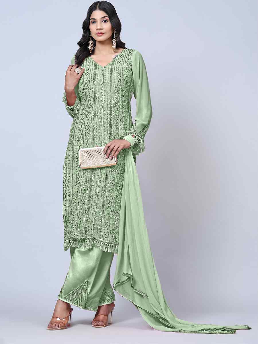 Light Green Faux Georgette Embroidered Festival Wedding Pant Salwar Kameez