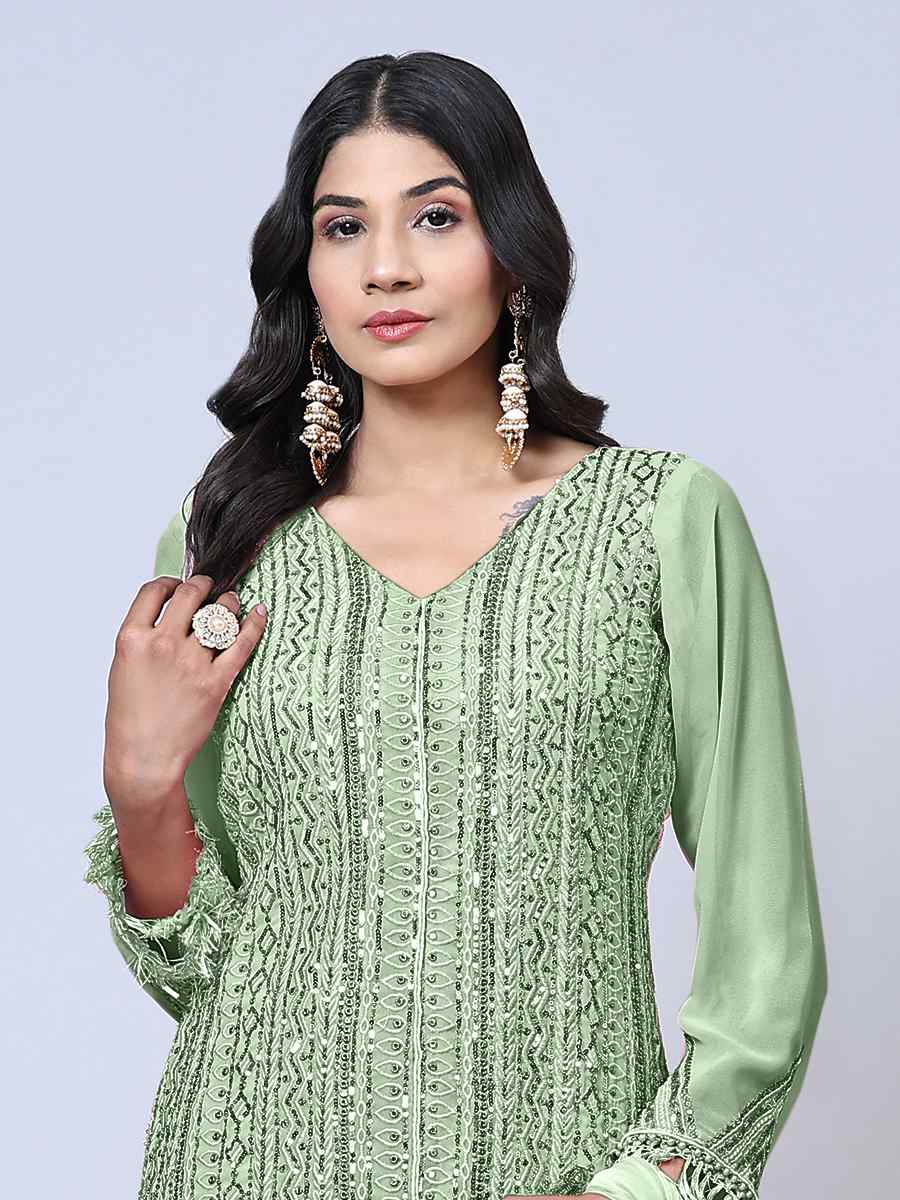 Light Green Faux Georgette Embroidered Festival Wedding Pant Salwar Kameez