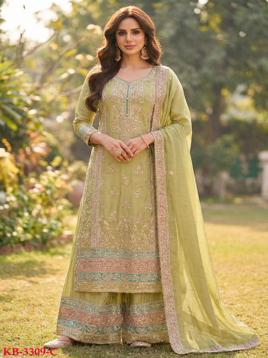 Light Green Heavy Chinon Embroidery Zari Wedding Party Festival Casual Palazzo Pant Salwar Kameez