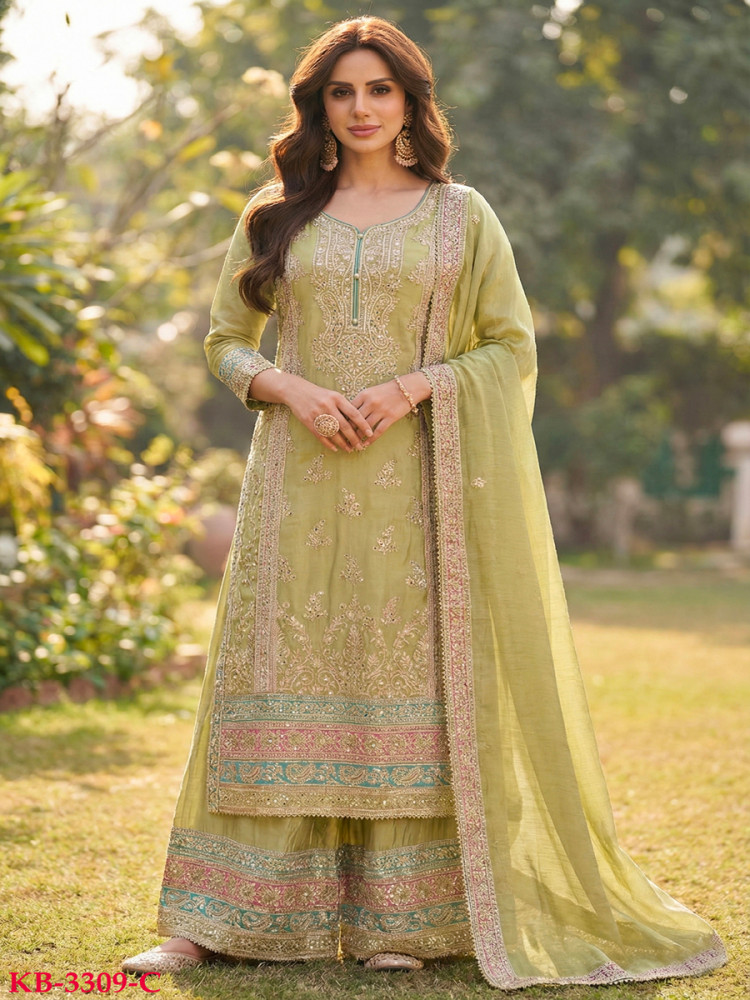 Image of Light Green Heavy Chinon Embroidery Zari Wedding Party Festival Casual Palazzo Pant Salwar Kameez