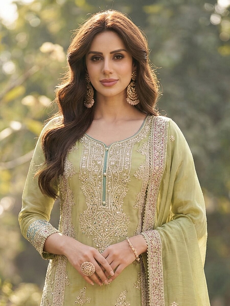 Light Green Heavy Chinon Embroidery Zari Wedding Party Festival Casual Palazzo Pant Salwar Kameez