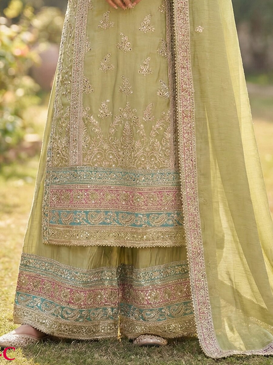 Light Green Heavy Chinon Embroidery Zari Wedding Party Festival Casual Palazzo Pant Salwar Kameez