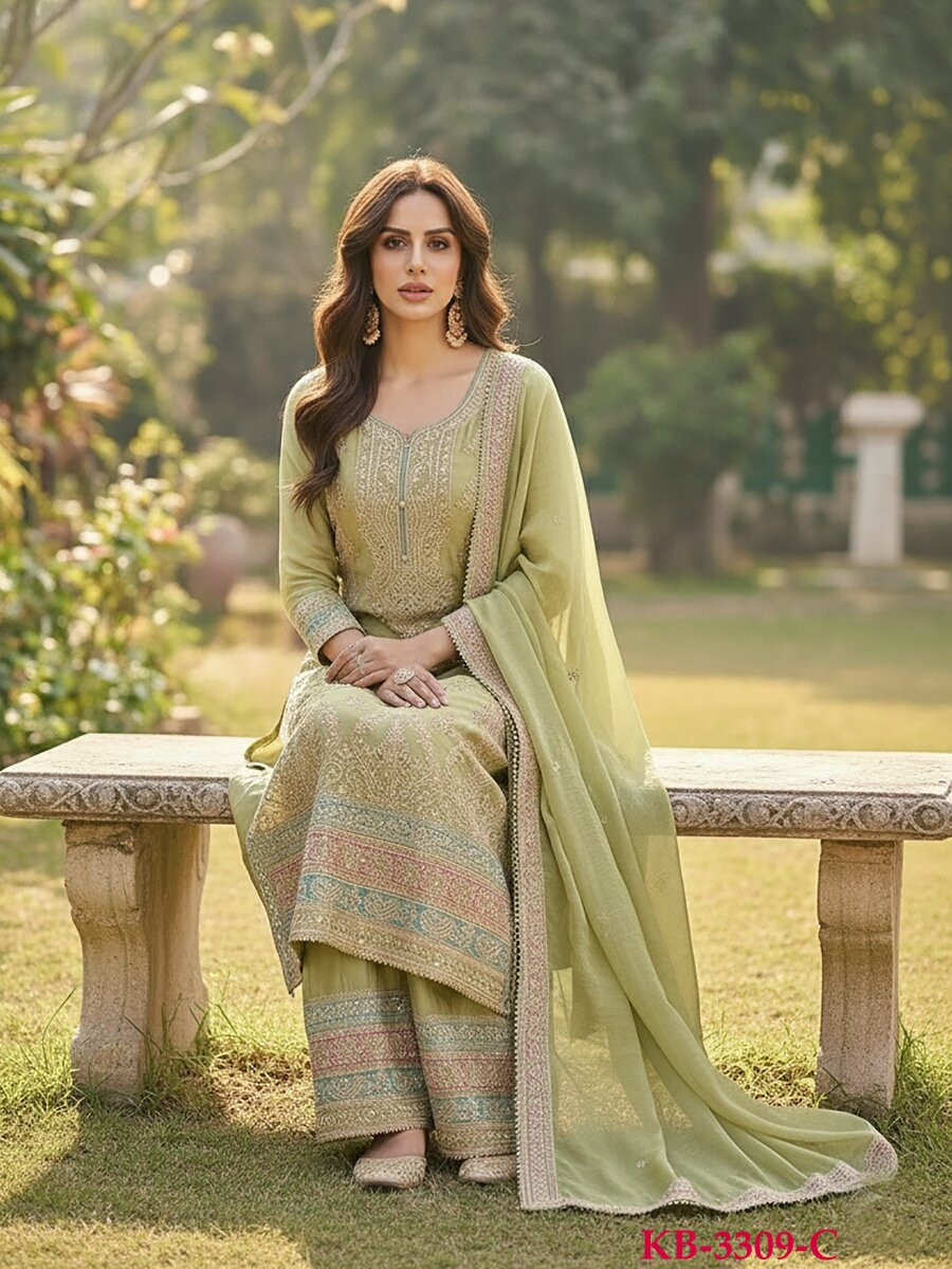 Light Green Heavy Chinon Embroidery Zari Wedding Party Festival Casual Palazzo Pant Salwar Kameez