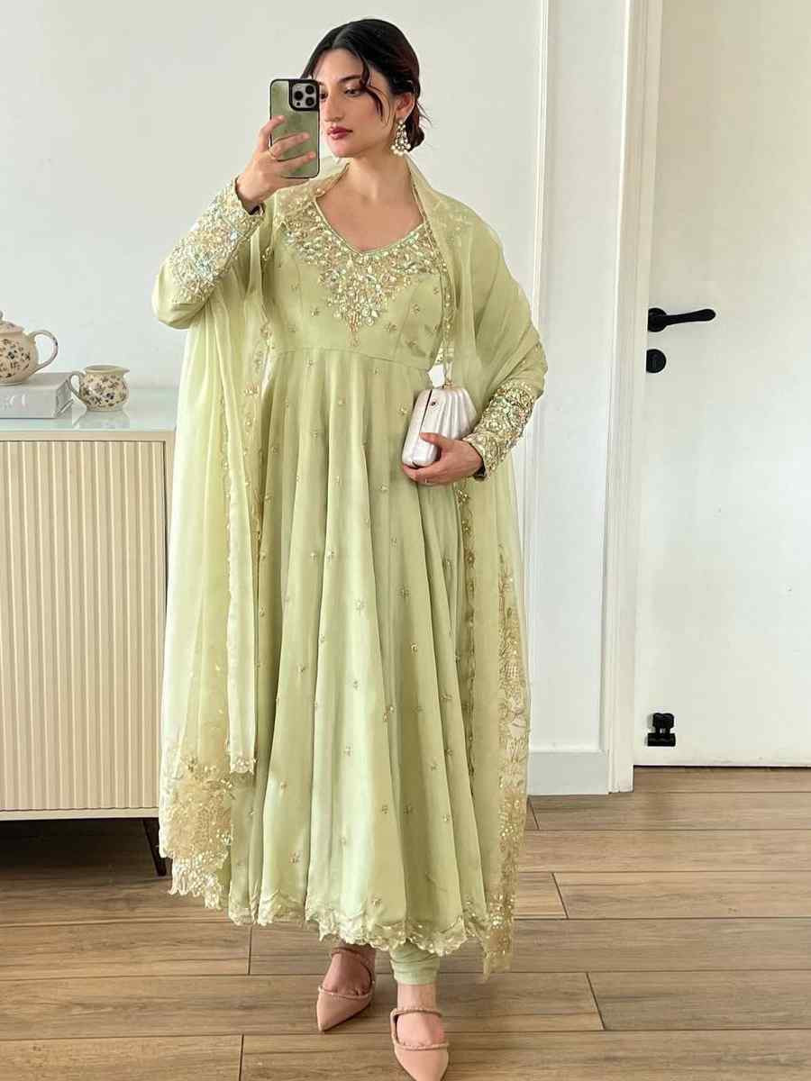 Light Green Heavy Faux Georgette Embroidered Festival Casual Ready Palazzo Pant Salwar Kameez
