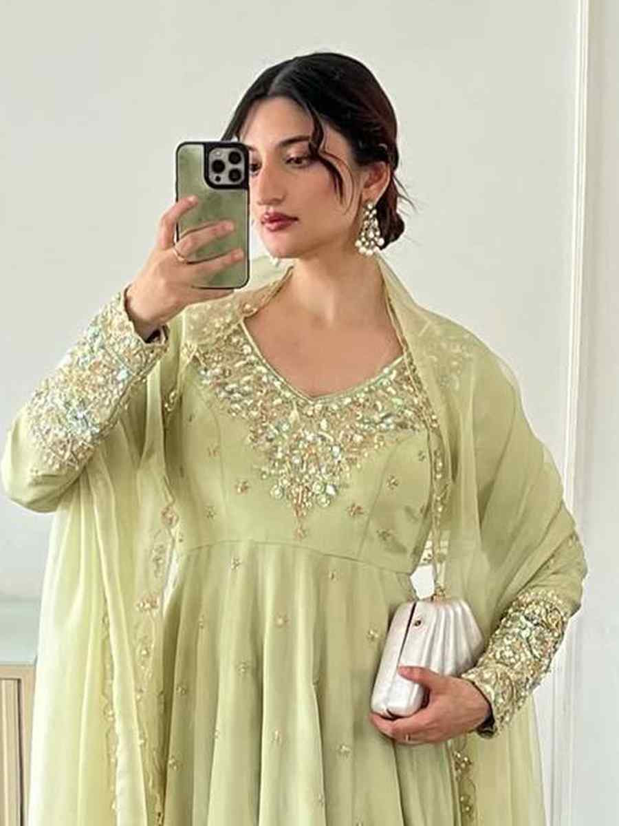 Light Green Heavy Faux Georgette Embroidered Festival Casual Ready Palazzo Pant Salwar Kameez