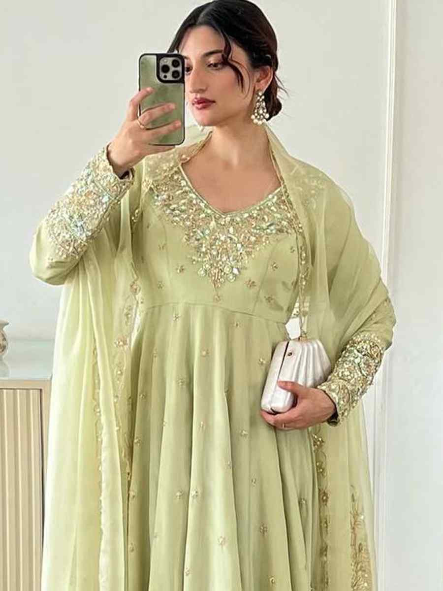 Light Green Heavy Faux Georgette Embroidered Festival Casual Ready Palazzo Pant Salwar Kameez