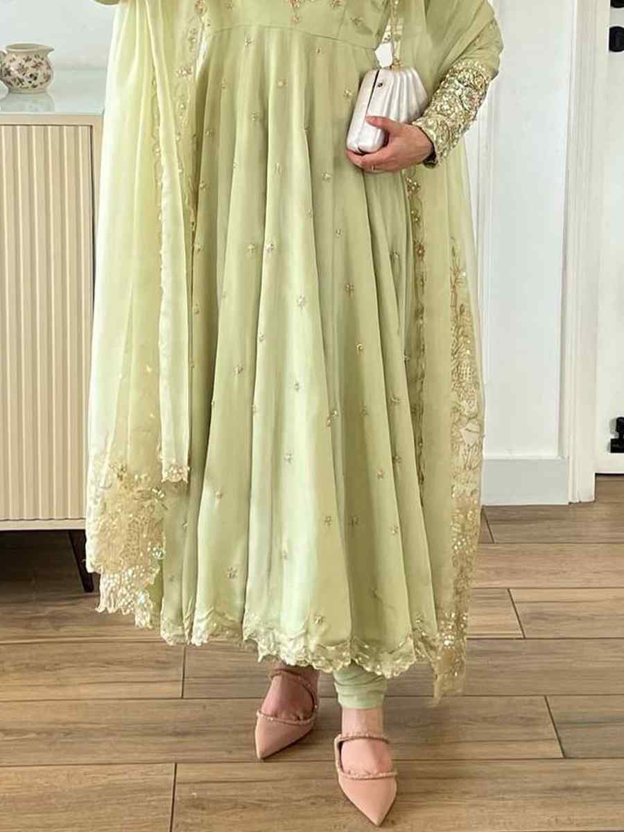 Light Green Heavy Faux Georgette Embroidered Festival Casual Ready Palazzo Pant Salwar Kameez