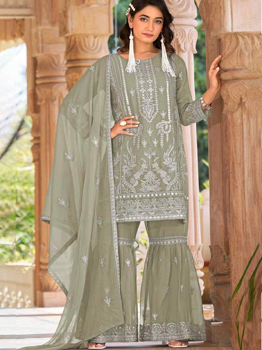 Light Green Heavy Nylon Organza Embroidered Festival Wedding Sharara Pant Salwar Kameez