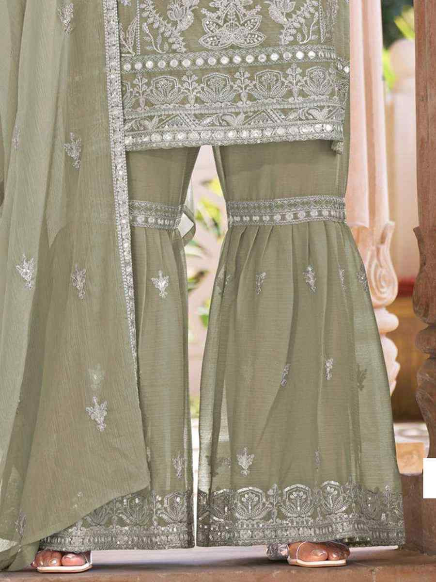 Light Green Heavy Nylon Organza Embroidered Festival Wedding Sharara Pant Salwar Kameez