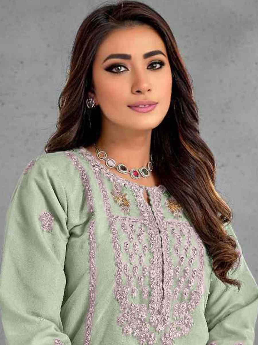 Light Green Heavy Organza Embroidered Festival Casual Pant Salwar Kameez