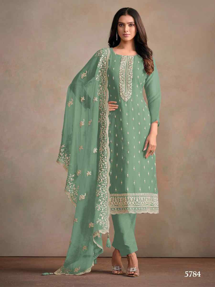 Light Green Heavy Orgnza Silk Embroidered Festival Casual Pant Salwar Kameez