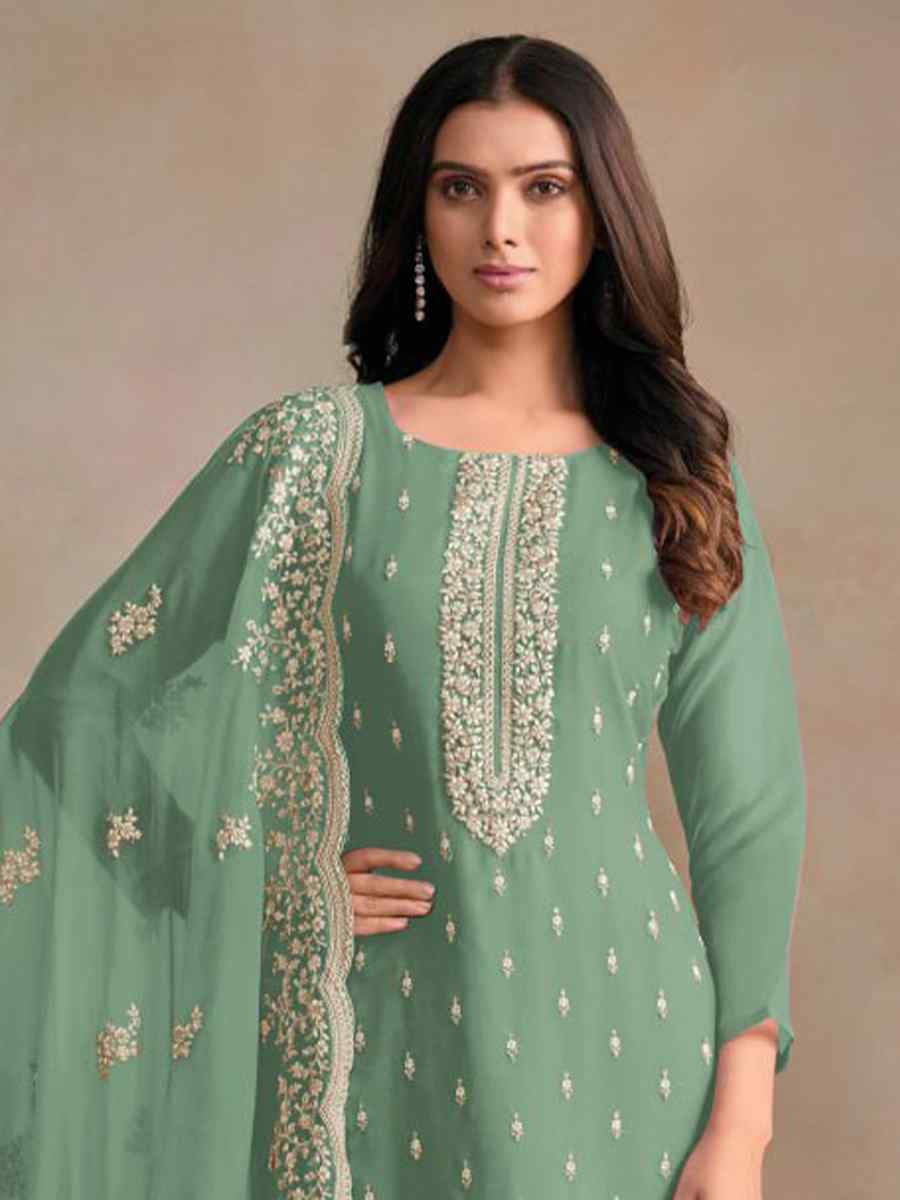 Light Green Heavy Orgnza Silk Embroidered Festival Casual Pant Salwar Kameez