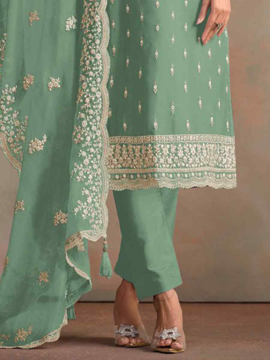 Light Green Heavy Orgnza Silk Embroidered Festival Casual Pant Salwar Kameez