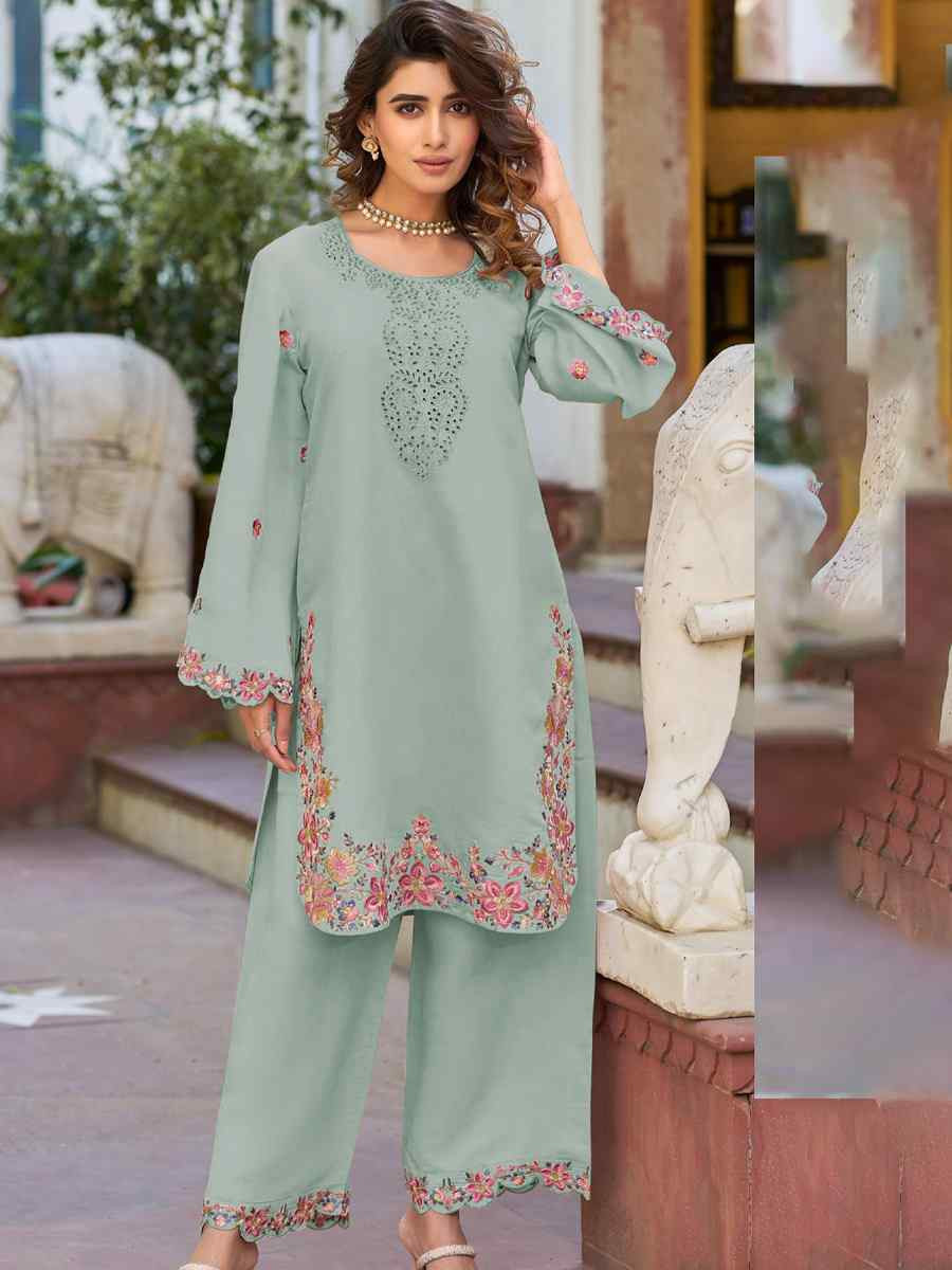 Light Green Heavy PV Cotton Embroidered Festival Casual Kurti