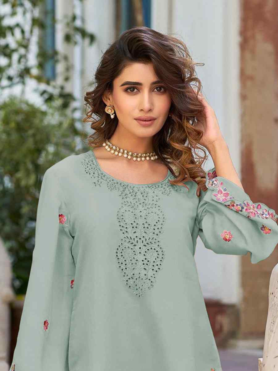 Light Green Heavy PV Cotton Embroidered Festival Casual Kurti