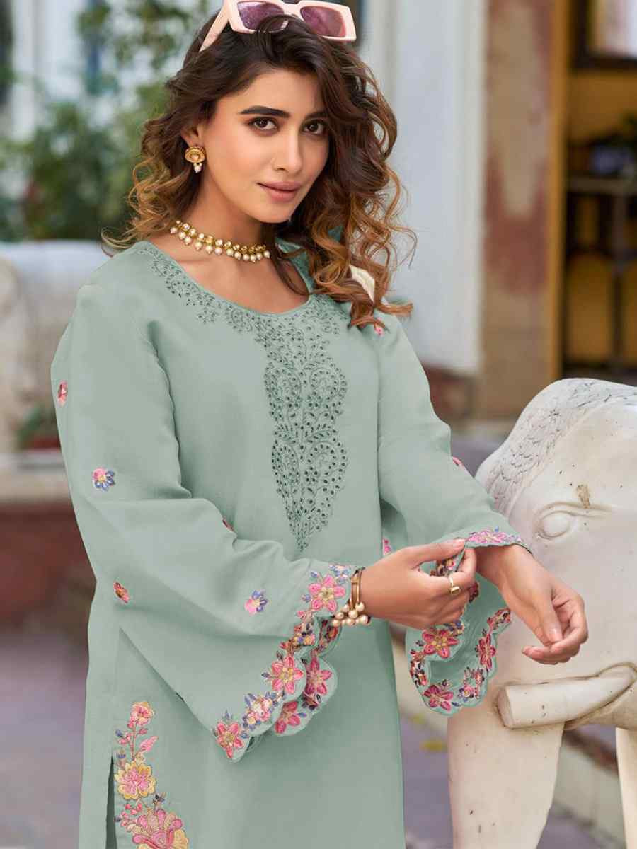 Light Green Heavy PV Cotton Embroidered Festival Casual Kurti