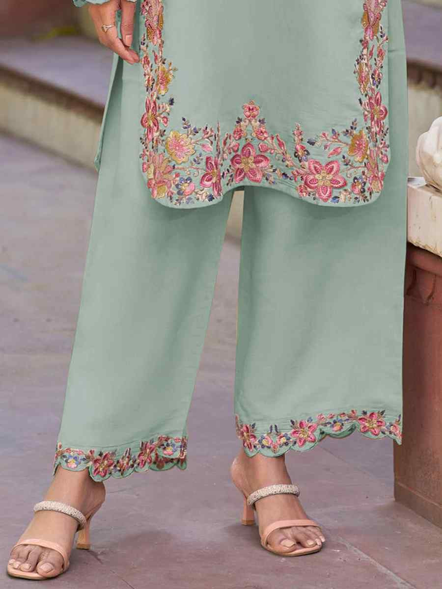 Light Green Heavy PV Cotton Embroidered Festival Casual Kurti