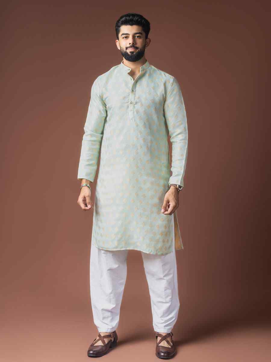 Light Green Jacquard Silk Embroidery Festival Wedding Party Mens Kurta