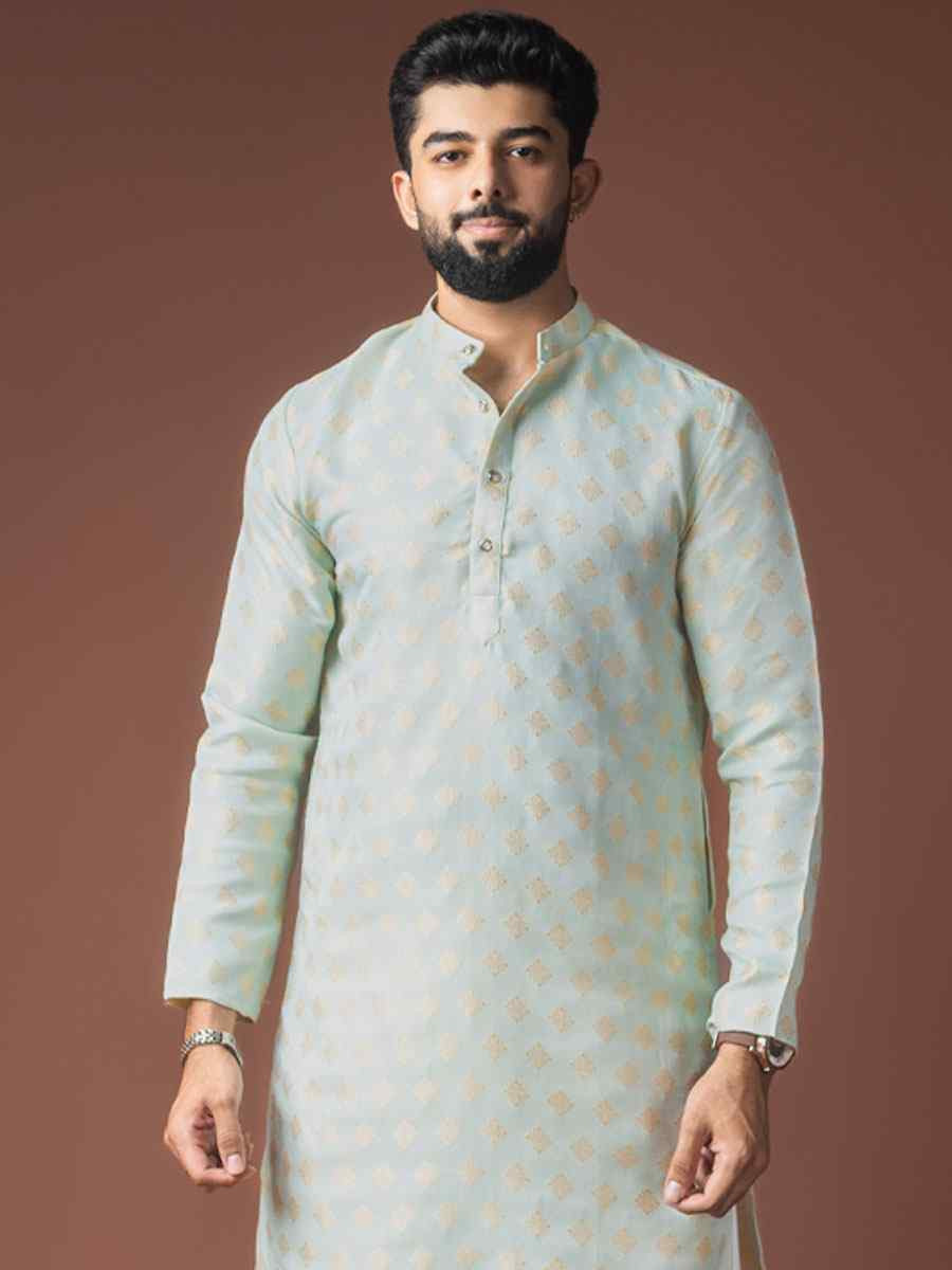 Light Green Jacquard Silk Embroidery Festival Wedding Party Mens Kurta