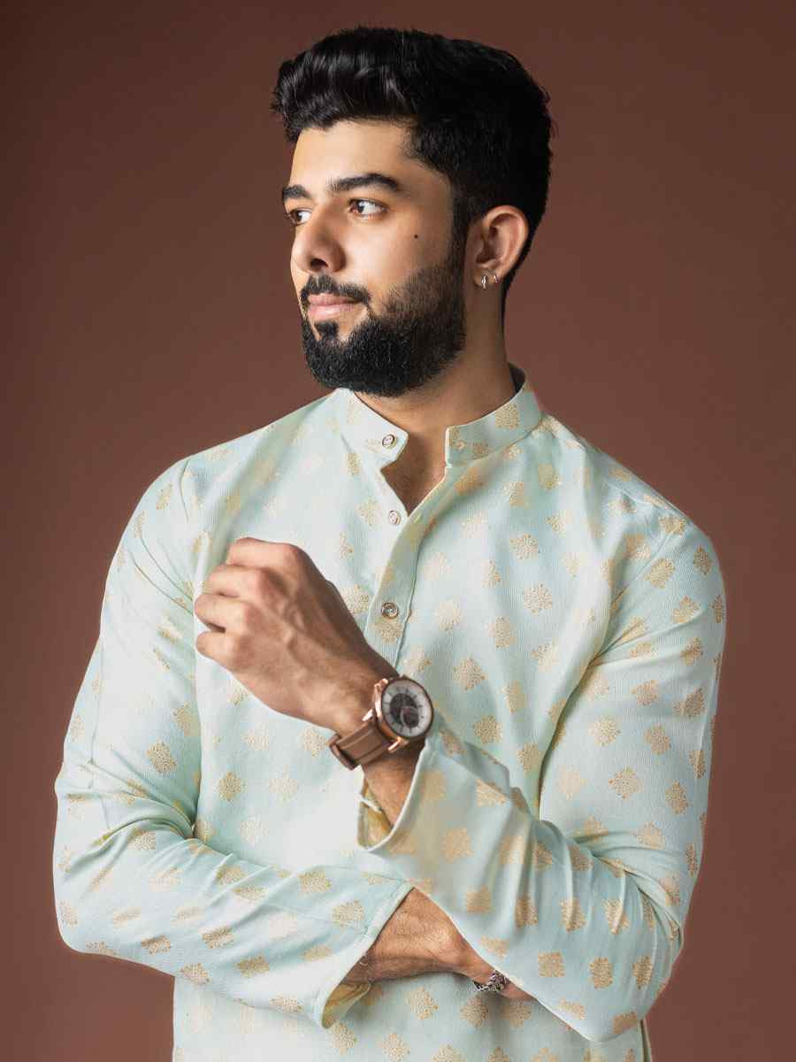 Light Green Jacquard Silk Embroidery Festival Wedding Party Mens Kurta