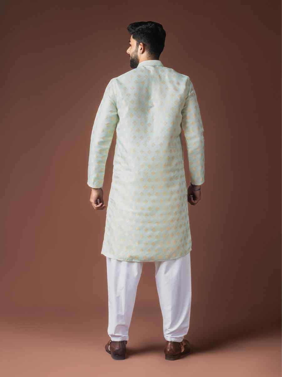 Light Green Jacquard Silk Embroidery Festival Wedding Party Mens Kurta