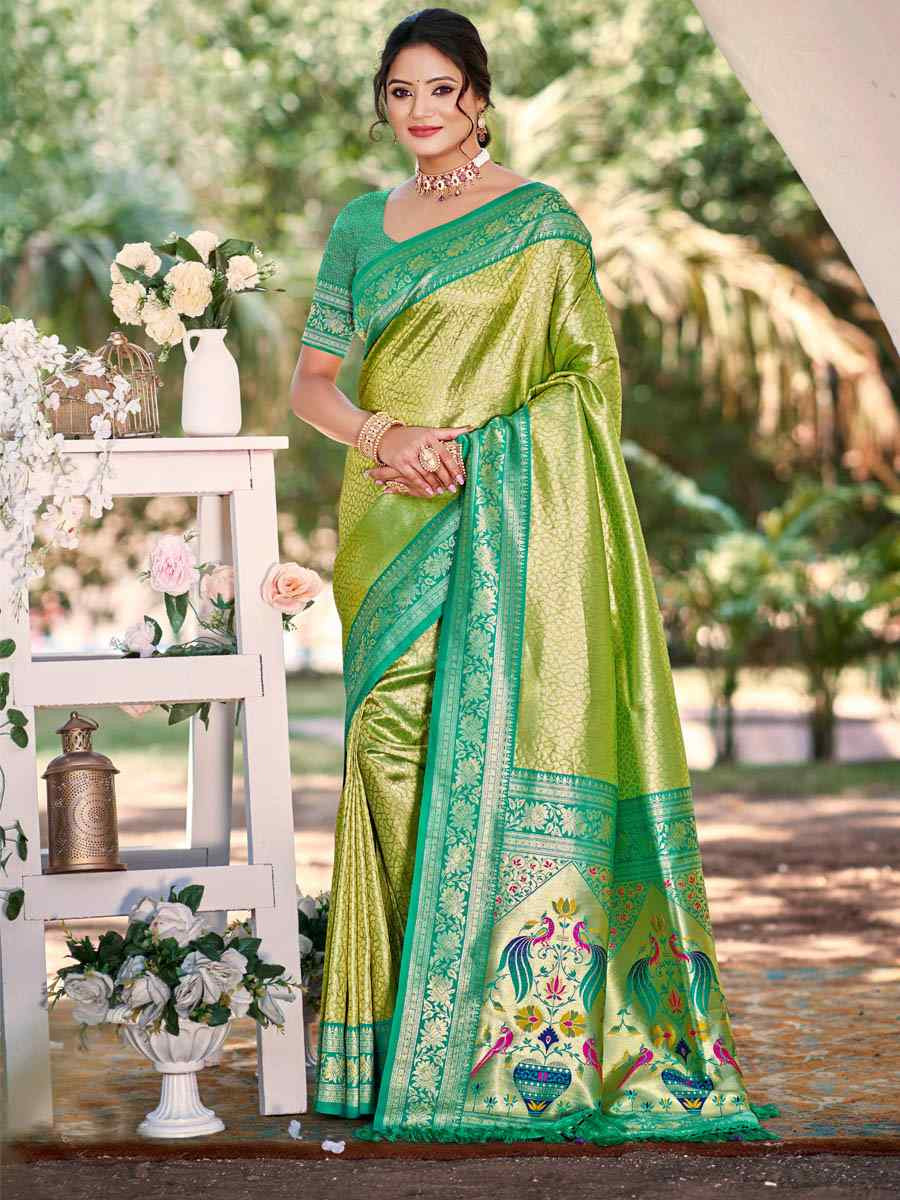Light Green Kanjivaram Silk Handwoven Traditional Bridal Reception Festival Wedding Fancy Heavy Border Saree