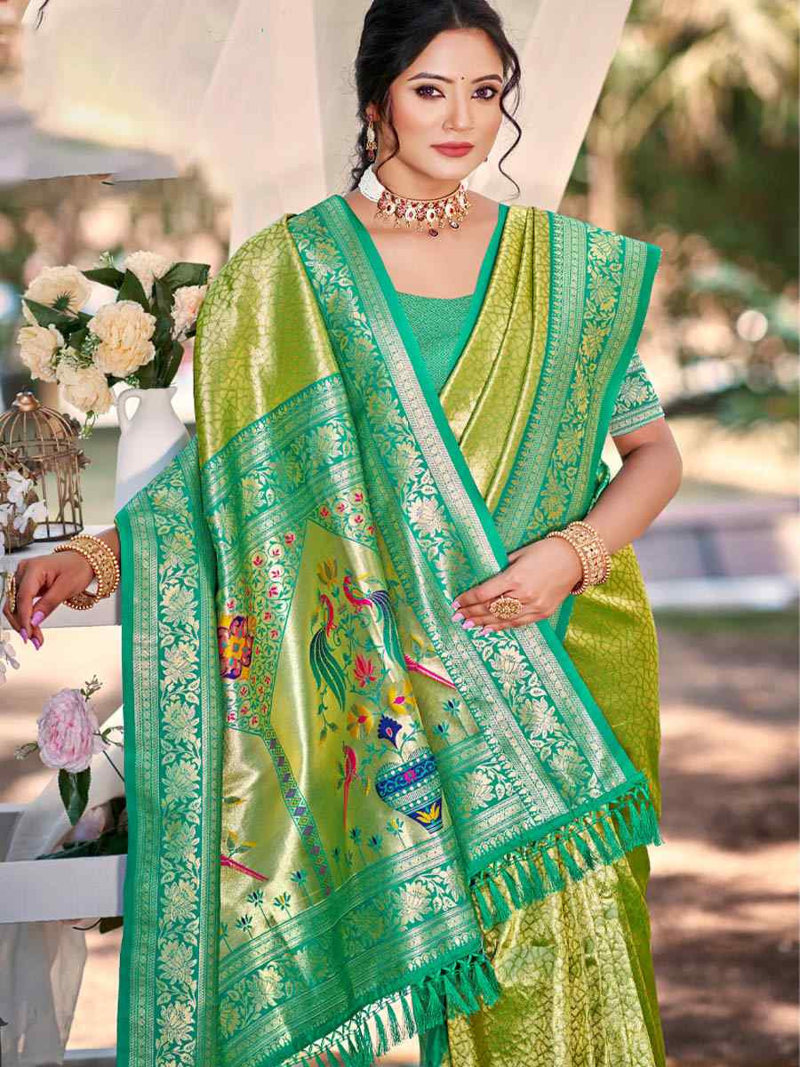 Light Green Kanjivaram Silk Handwoven Traditional Bridal Reception Festival Wedding Fancy Heavy Border Saree