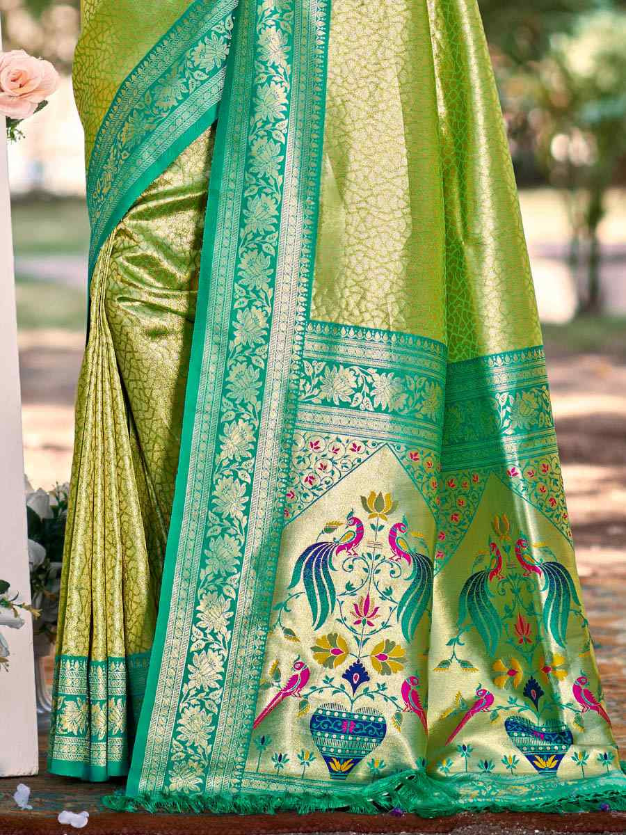 Light Green Kanjivaram Silk Handwoven Traditional Bridal Reception Festival Wedding Fancy Heavy Border Saree
