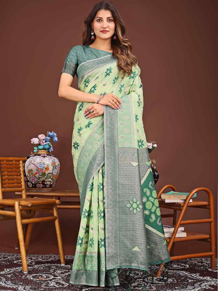 Light Green Linen Cotton Handwoven Festival Wedding Fancy Heavy Border Saree