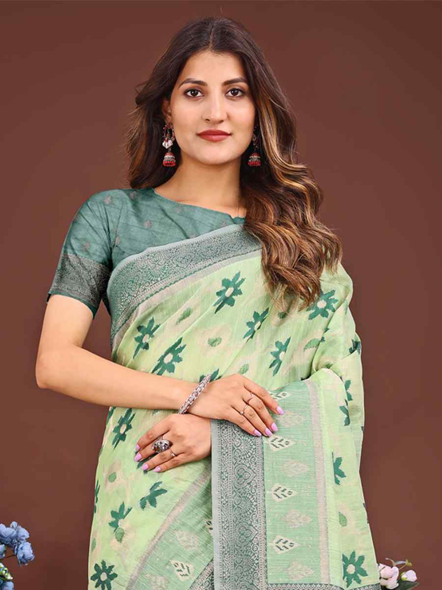 Light Green Linen Cotton Handwoven Festival Wedding Fancy Heavy Border Saree