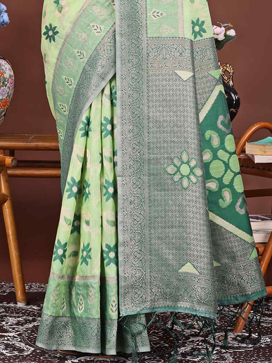 Light Green Linen Cotton Handwoven Festival Wedding Fancy Heavy Border Saree