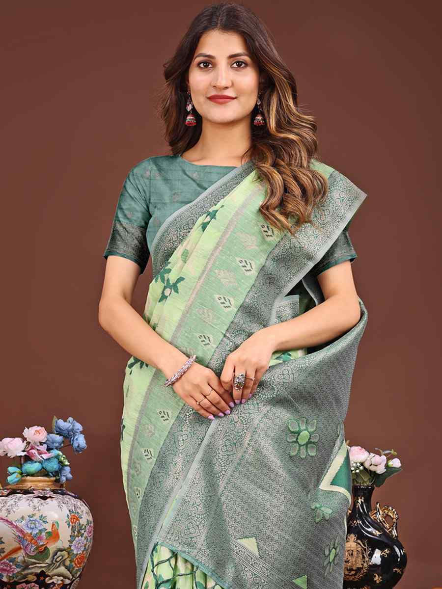 Light Green Linen Cotton Handwoven Festival Wedding Fancy Heavy Border Saree