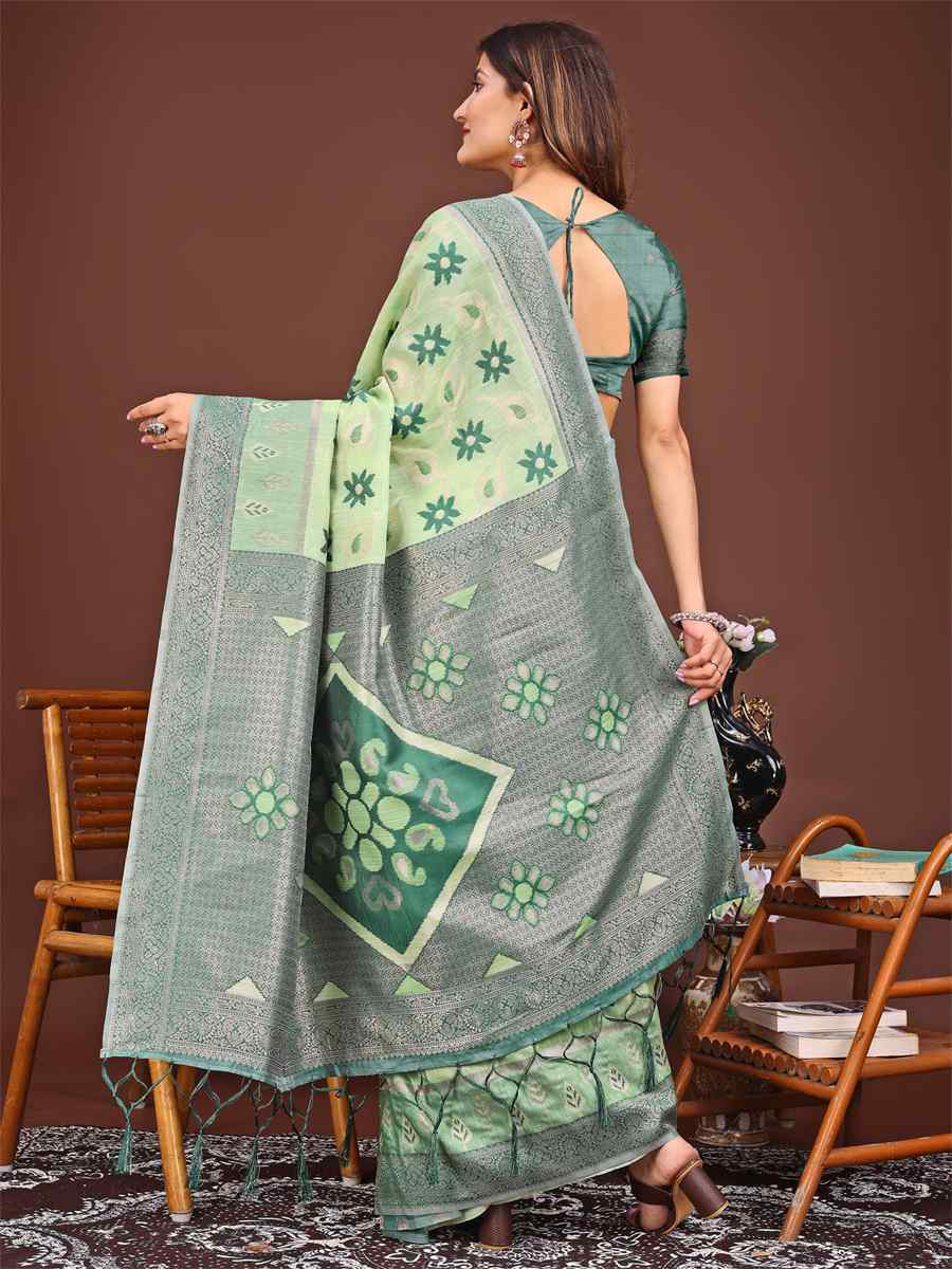 Light Green Linen Cotton Handwoven Festival Wedding Fancy Heavy Border Saree